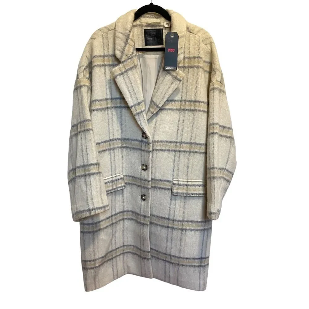 Levi’s Wool Cocoon Coat Plaid Cream Sz L NWT